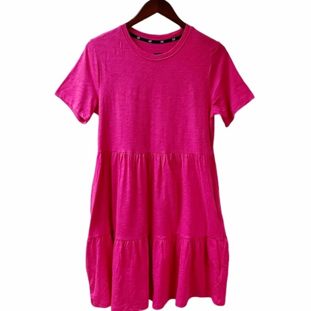 Tiered Boho Flowy GAP Jersey Dress Small Hot Pink Relaxed Ruffles Beach Pockets